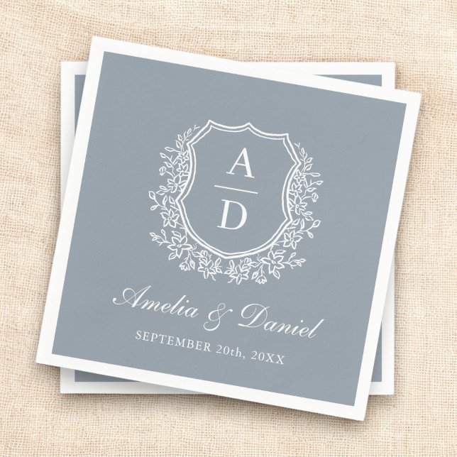 Serviette En Papier Cimier bleu Dusty Élégant Mariage Monogramme (Créateur téléchargé)