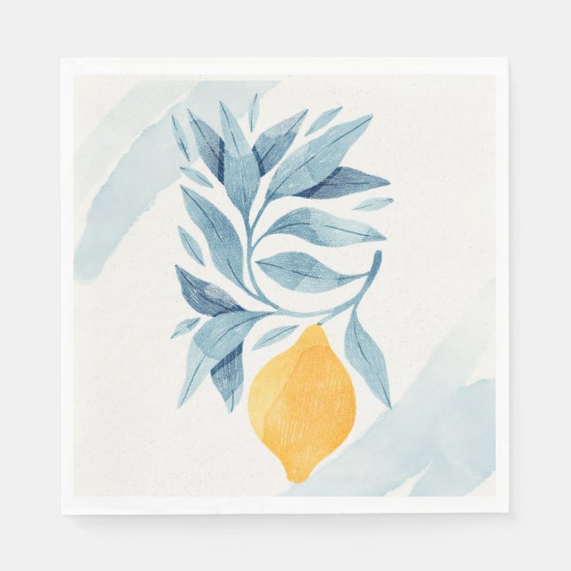 Serviette En Papier Citron avec illustration botanique feuille bleue (Devant)