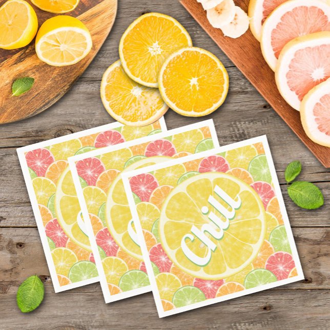 Serviette En Papier Citron Citrus Slices Fête de refroidissement (Chill text on lemon, lime, orange and grapefruit citrus slices summer party napkins)