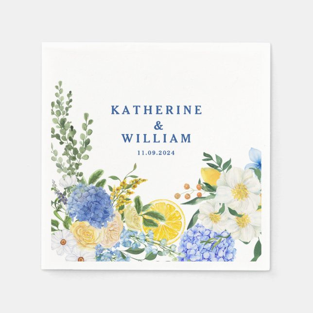 Serviette En Papier Citron méditerranéen mariage bleu et jaune fleuri (Devant)