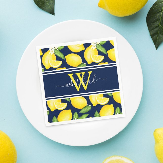 Serviette En Papier Citron Monogramme Citrus Motif Marine Bleu (Créateur téléchargé)