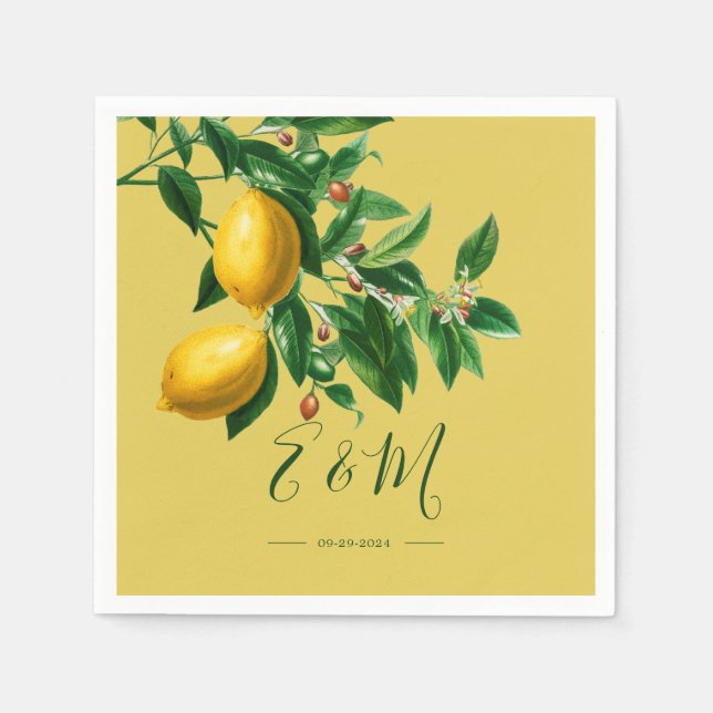 Serviette En Papier Citrons Botanique Vert Jaune Monogramme d'été (Devant)