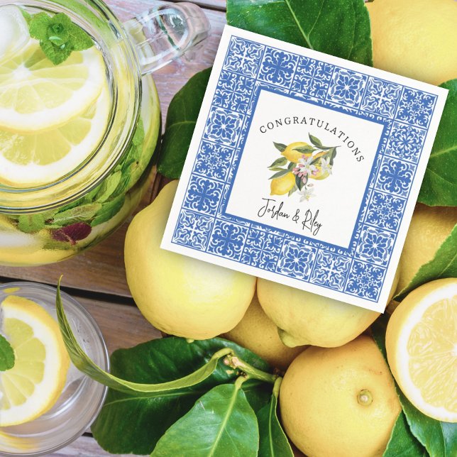 Serviette En Papier Citrons et carrelage méditerranéen bleu Tuile Mari (Créateur téléchargé)