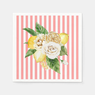 Serviette En Papier Citrons et roses à rayures roses