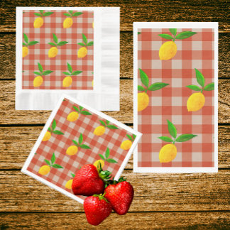 Serviette En Papier Citrons jaunes rétro vintage sur carreaux rouges e