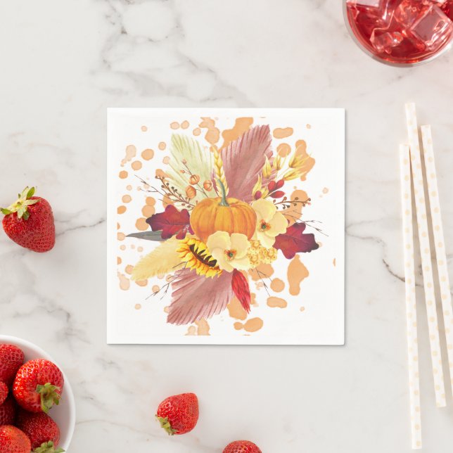 Serviette En Papier Citrouille aquarelle et Thanksgiving floral (En situation)