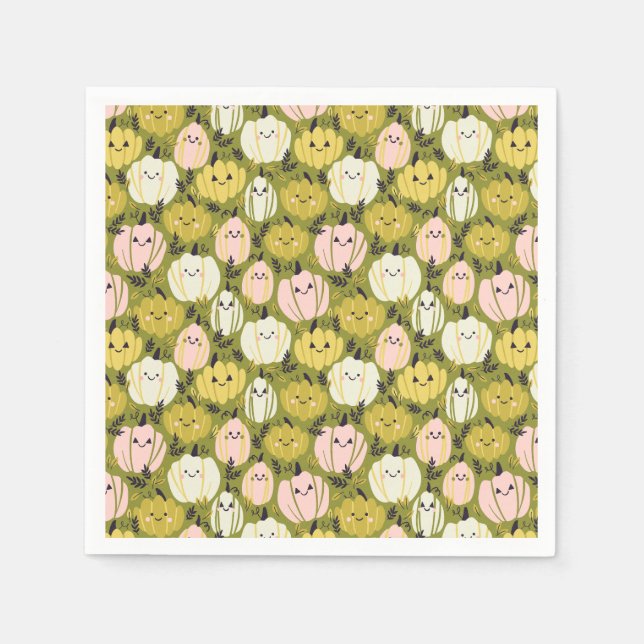 Serviette En Papier Citrouilles d'Halloween Kawaii en rose et vert (Devant)