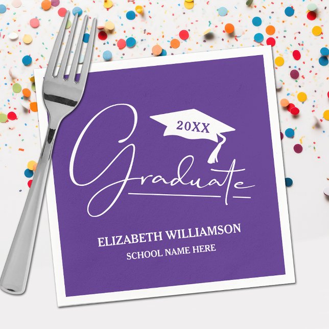 Serviette En Papier Clapet de graduation de script blanc pourpre (Your name, class year and "Graduate" in a cool script on purple school color party napkins)