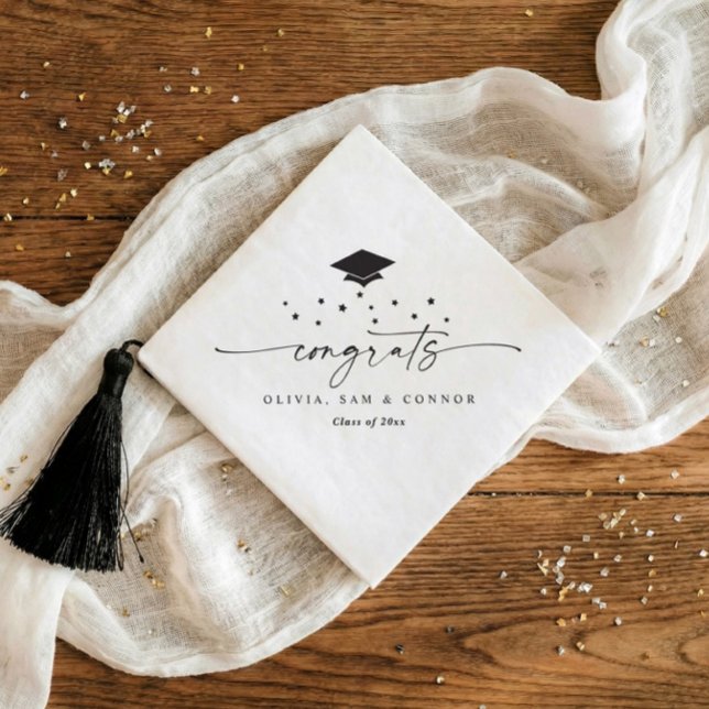 Serviette En Papier Class of 2026 Modern Black and White Graduation (Modern diagonal graduation napkins personalized with name and date in black and white)