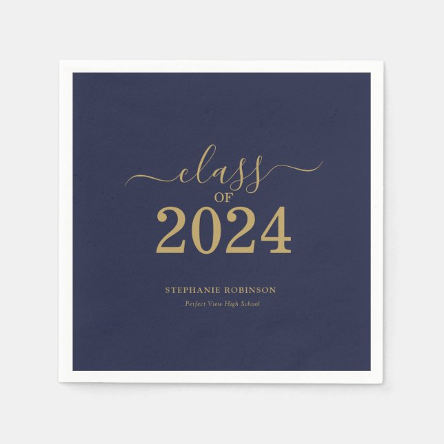 Serviette En Papier Classe de 2024 Navy Blue Gold Graduation Party (Devant)
