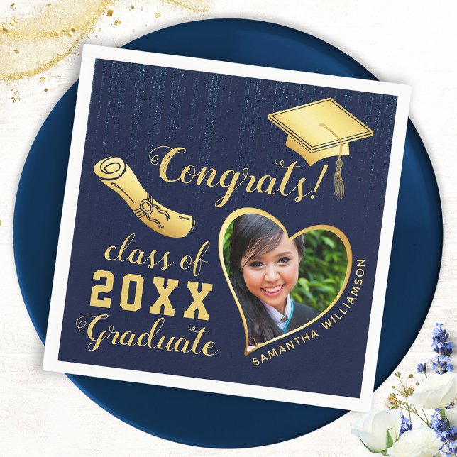 Serviette En Papier Classe de 2025 Marine Blue and Gold Graduation Pho (Créateur téléchargé)
