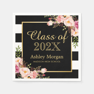 Serviette En Papier Classe de rayures florales roses blanches de 2024