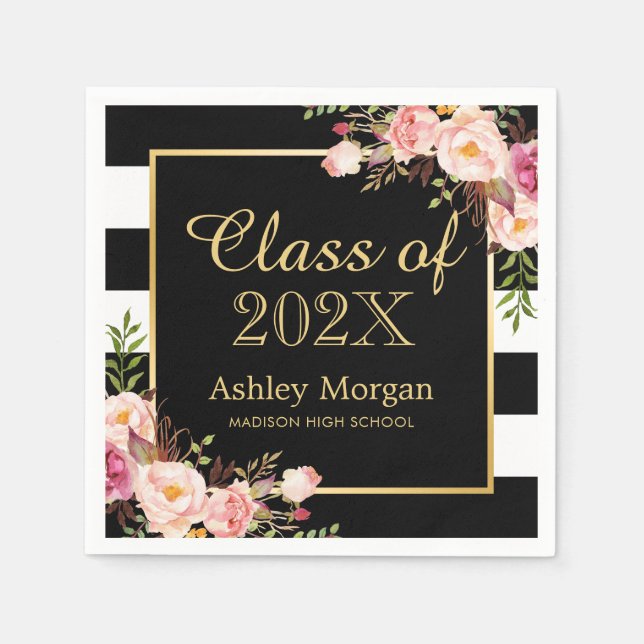 Serviette En Papier Classe de rayures florales roses blanches de 2025 (Devant)