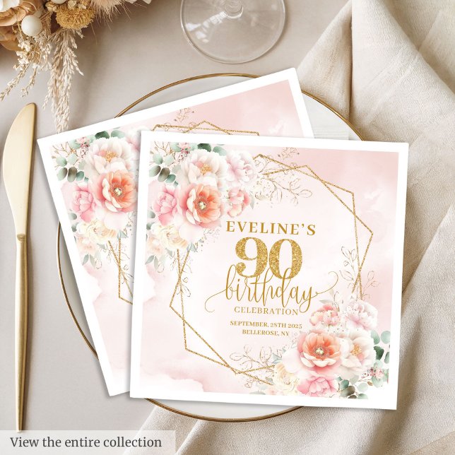 Serviette En Papier Classic blush or rose 90e anniversaire célébration (Classic blush pink gold 90th birthday celebration Napkins )