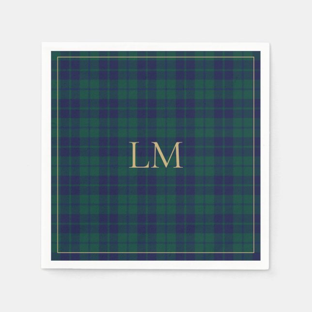 Serviette En Papier Classic Green Navy Tartan Plaid Gold Monogram (Devant)
