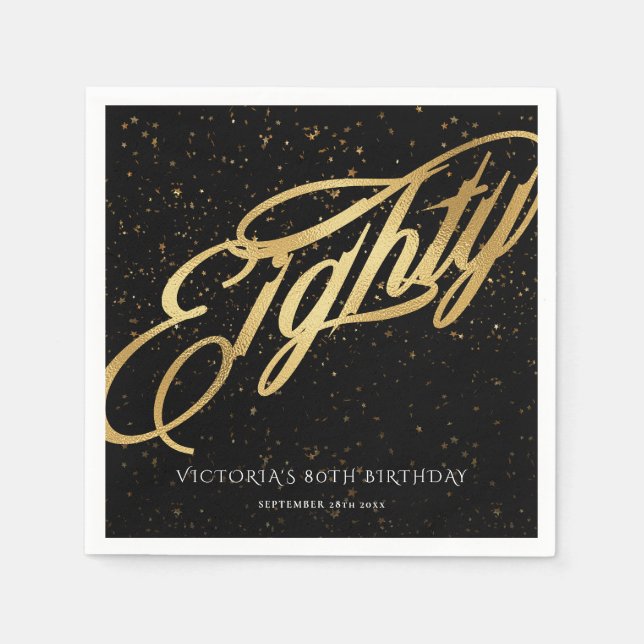 Serviette En Papier Classy 80th Gold Noir Confetti Calligraphie (Devant)