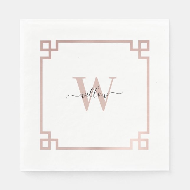 Serviette En Papier Clé grecque blanche et Rose rose or Monogramme (Devant)