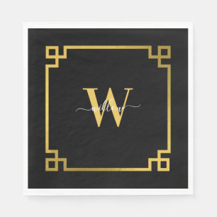 Serviette En Papier Clé grecque noire et or Monogramme