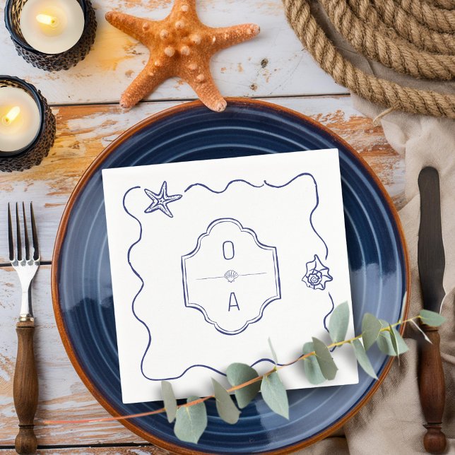 Serviette En Papier Coastal Main Drawn Seashell Crest Plage Mariage (Créateur téléchargé)