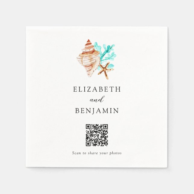 Serviette En Papier Coastal Seashell Beach Wedding QR Code Share Photo (Devant)