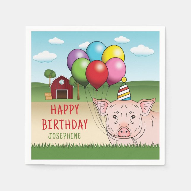 Serviette En Papier Cochon dans une ferme tenant des ballons Anniversa (Devant)