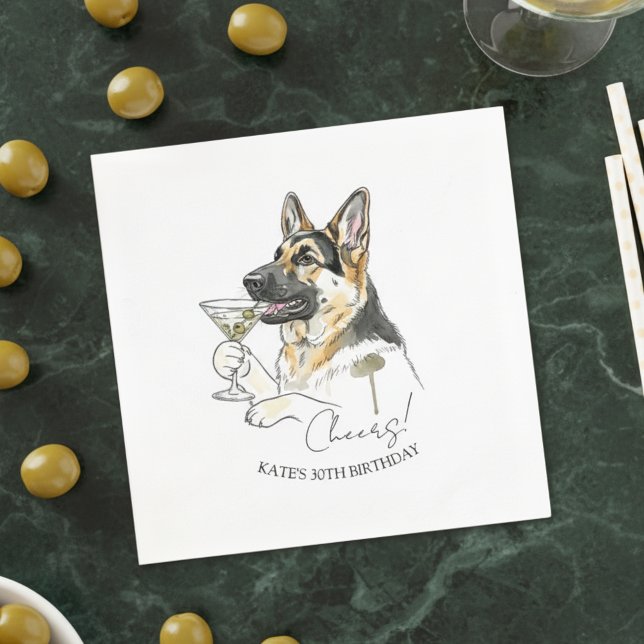 Serviette En Papier Cocktail à base de Martini Dirty Martini (Celebrate with this custom hand drawn german shepherd martini cocktail napkin!)
