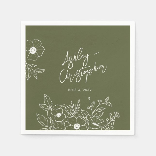 Serviette En Papier Cocktail Mariage bleu végétal minimal (Devant)