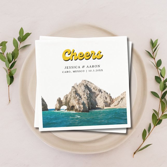 Serviette En Papier Cocktail Mariage de Cabo Retro personnalisé servie (Personalized Retro Cabo Wedding Cocktail Napkins
)