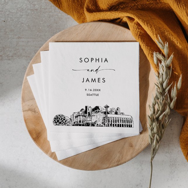 Serviette En Papier Cocktail Mariage moderne Seattle Skyline (Créateur téléchargé)
