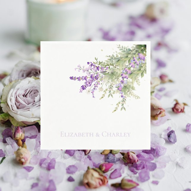 Serviette En Papier Cocktail Mariage personnalisé Lavender Floral (Créateur téléchargé)