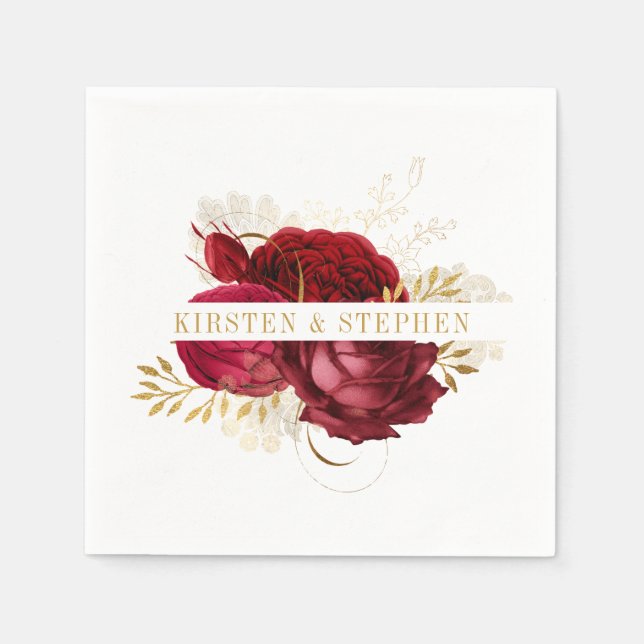 Serviette En Papier Cocktail Mariage rouge or bordeaux (Devant)
