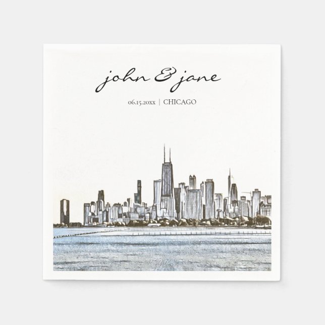 Serviette En Papier Cocktail personnalisé Chicago Skyline Napkin (Devant)