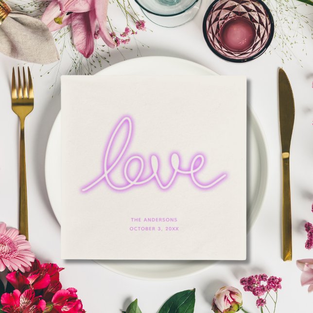 Serviette En Papier Cocktail personnalisé serviettes Neon Love Purple (Personalized Cocktail Napkins Neon Love Purple Napkins Wedding)