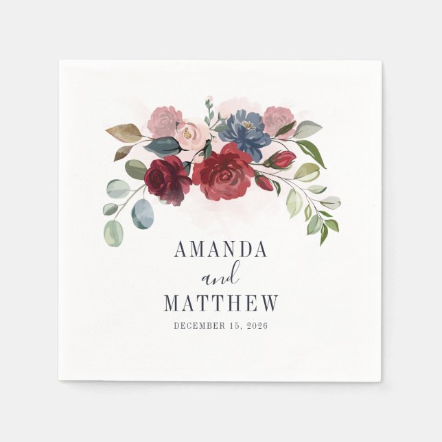 Serviette En Papier Cocktail Rustique Mariage Bourgogne Floral (Devant)