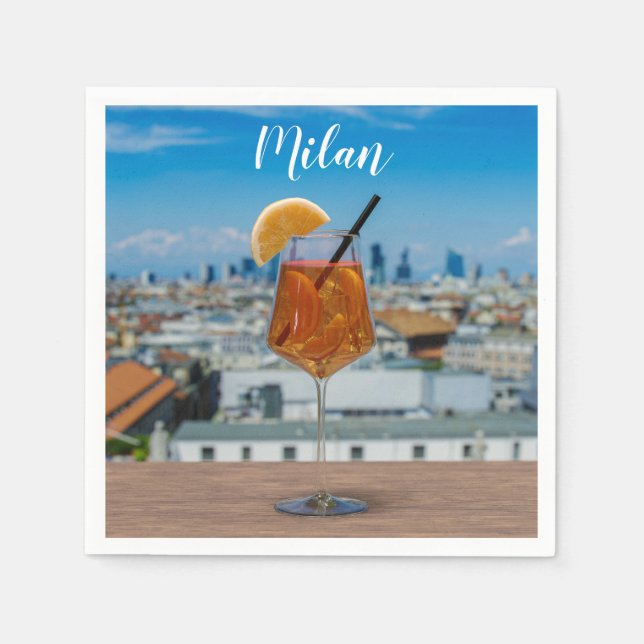 Serviette En Papier Cocktail Spritz sur une table avec vue sur Milan (Devant)