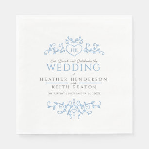 Serviette En Papier Coeur d'art feuille monogramme bleu blanc mariage