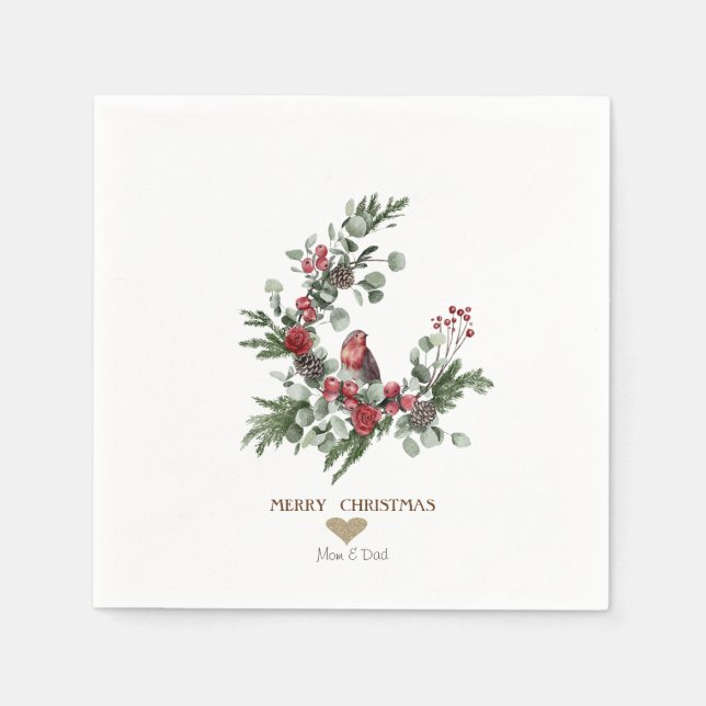 Serviette En Papier Coeur d'or, couronne Cardinal rouge Noël (Devant)