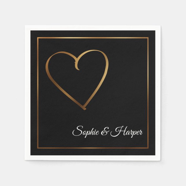 Serviette En Papier Coeur d'or et bordure avec des noms sur noir (Devant)