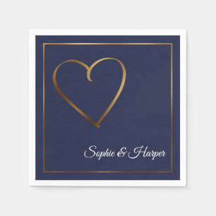 Serviette En Papier Coeur d'or et frontière avec des noms sur bleu mar