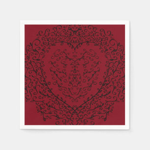 Serviette En Papier Coeur gothique rouge et noir Mariage élégant