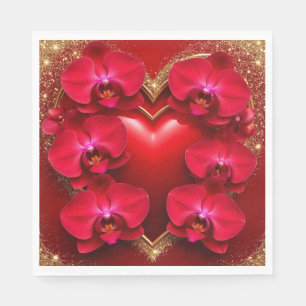 Serviette En Papier Cœur rouge entouré d'orchidées élégantes