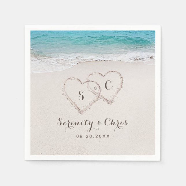 Serviette En Papier Coeurs dans le sable destination mariage plage (Devant)