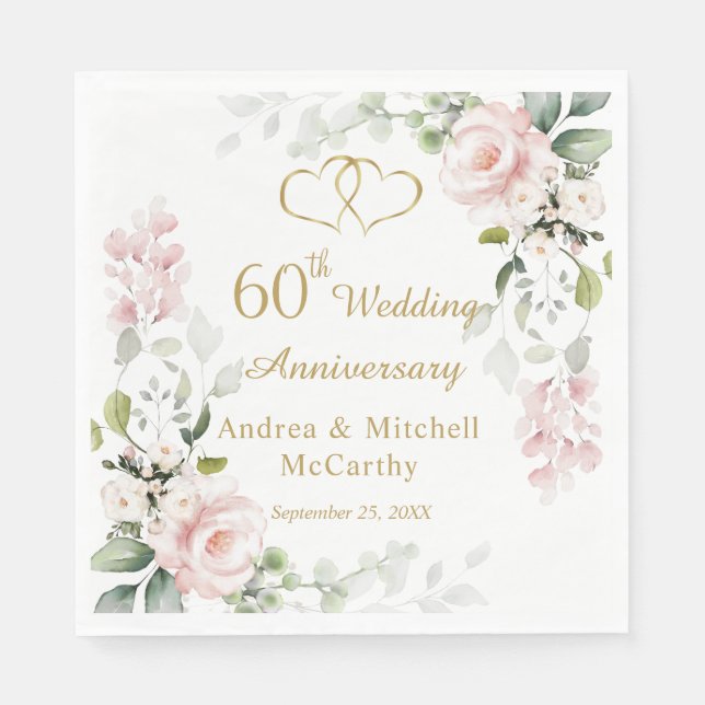 Serviette En Papier Coeurs de feuillage rose 60e anniversaire de Maria (Devant)