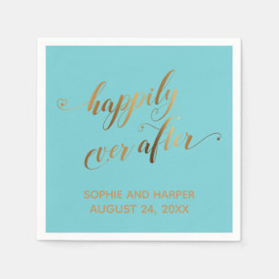 Serviette En Papier Cœurs de script Gold Happily Ever After sur turquo