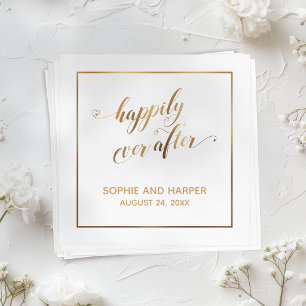 Serviette En Papier Cœurs d'or et bordure, Heureux pour toujours, Blan