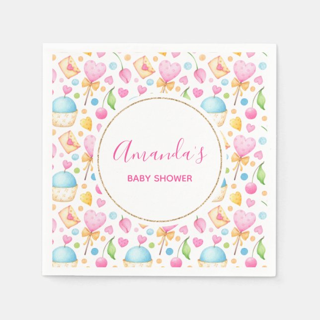 Serviette En Papier Coeurs et muffins Motif de l'aquarelle (Devant)