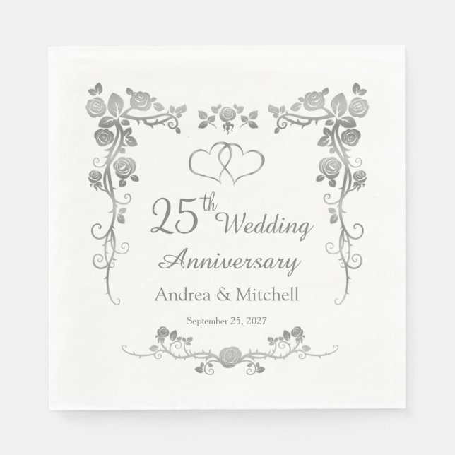 Serviette En Papier Coeurs floraux argentés 25e anniversaire Mariage (Devant)