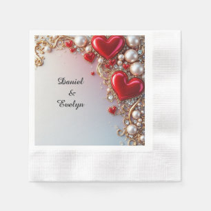 Serviette En Papier Cœurs rouges ornés d'or et de perles