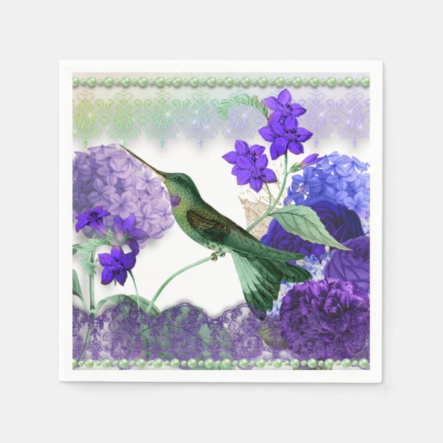 Serviette En Papier Colibri vert avec fleurs, dentelle, perles (Devant)