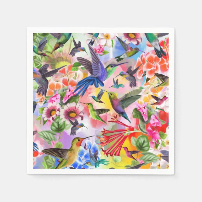 Serviette En Papier Colibris et fleurs (Devant)